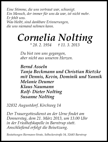 Anzeige  Cornelia Nolting  Lippische Landes-Zeitung