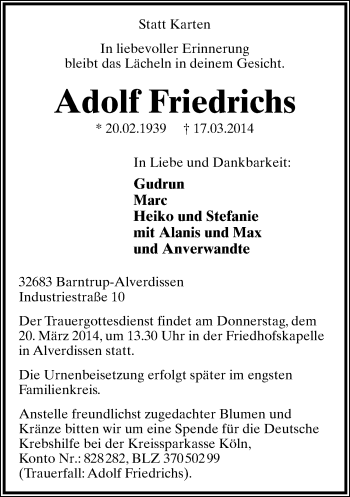 Anzeige  Adolf Friedrichs  Lippische Landes-Zeitung