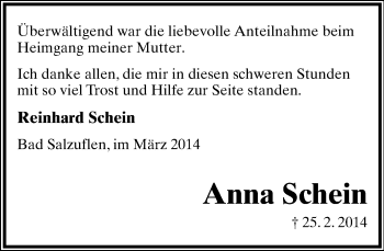 Anzeige  Anna Schein  Lippische Landes-Zeitung