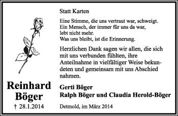 Anzeige  Reinhard Böger  Lippische Landes-Zeitung