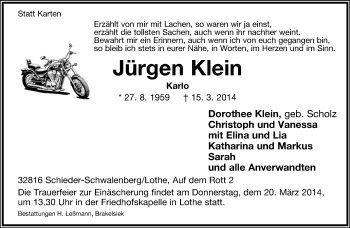 Anzeige  Jürgen Klein  Lippische Landes-Zeitung