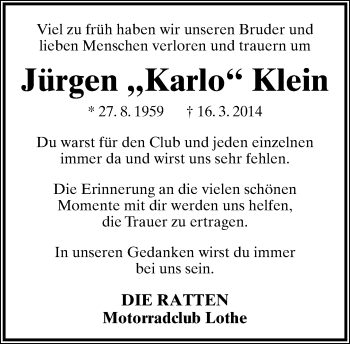Anzeige  Jürgen Klein  Lippische Landes-Zeitung