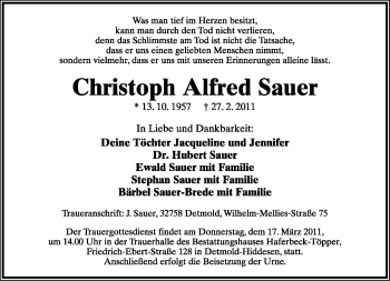 Anzeige  Christoph Alfred Sauer  Lippische Landes-Zeitung