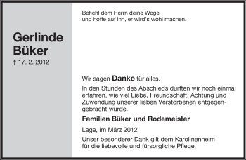 Anzeige  Gerlinde Büker  Lippische Landes-Zeitung