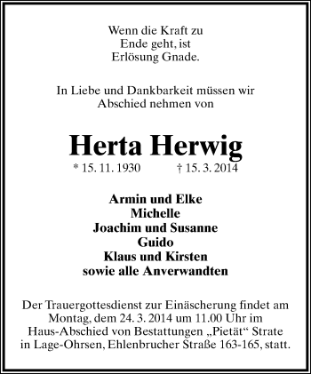 Anzeige  Herta Herwig  Lippische Landes-Zeitung