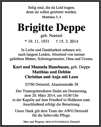 Anzeige  Brigitte Deppe  Lippische Landes-Zeitung