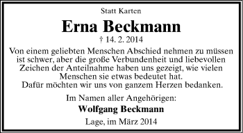Anzeige  Erna Beckmann  Lippische Landes-Zeitung