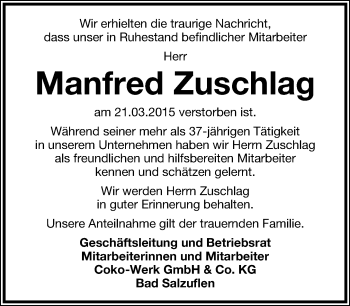 Anzeige  Manfred Zuschlag  Lippische Landes-Zeitung
