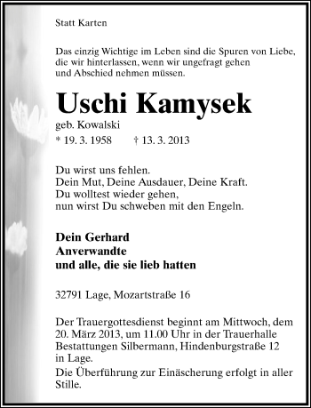 Anzeige  Uschi Kamysek  Lippische Landes-Zeitung