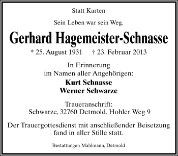 Anzeige  Gerhard Hagemeister-Schnass  Lippische Landes-Zeitung