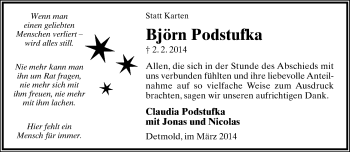 Anzeige  Björn Podstufka  Lippische Landes-Zeitung
