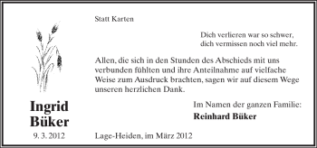 Anzeige  Ingrid Büker  Lippische Landes-Zeitung