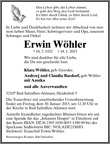 Anzeige  Erwin Wöhler  Lippische Landes-Zeitung