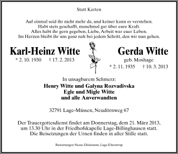 Anzeige  Gerda Witte  Lippische Landes-Zeitung