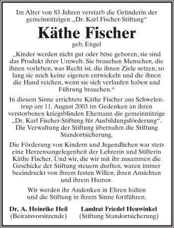 Anzeige  Käthe Fischer  Lippische Landes-Zeitung
