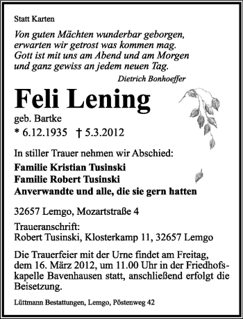 Anzeige  Feli Lening  Lippische Landes-Zeitung