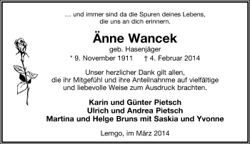 Anzeige  Änne Wancek  Lippische Landes-Zeitung