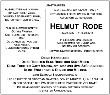 Anzeige  Helmut Rode  Lippische Landes-Zeitung
