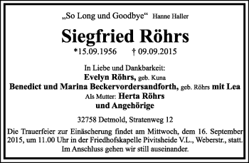 Anzeige  Siegfried Röhrs  Lippische Landes-Zeitung