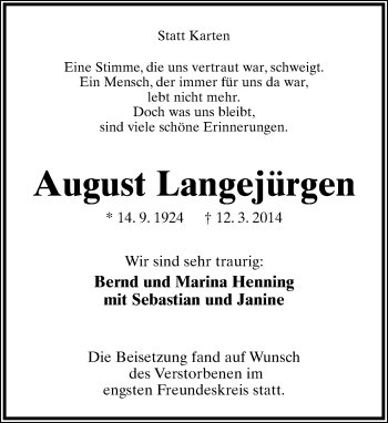 Anzeige  August Langejurgen  Lippische Landes-Zeitung