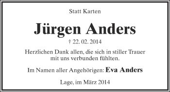 Anzeige  Jürgen Anders  Lippische Landes-Zeitung