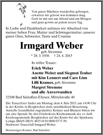 Anzeige  Irmgard Weber  Lippische Landes-Zeitung