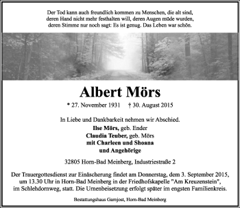 Anzeige  Albert Mörs  Lippische Landes-Zeitung