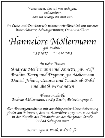 Anzeige  Hannelore Möllermann  Lippische Landes-Zeitung
