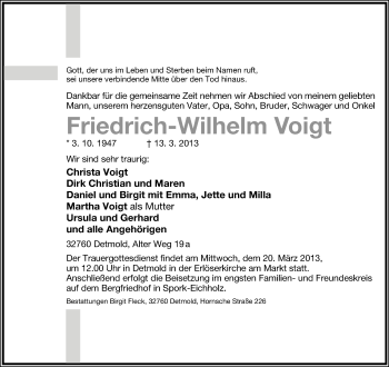 Anzeige  Friedrich-Wilhelm Voigt  Lippische Landes-Zeitung