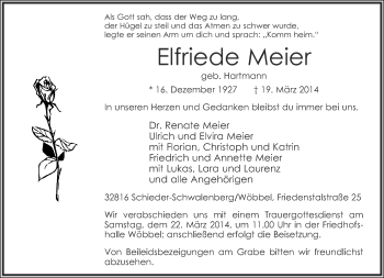 Anzeige  Elfriede Meier  Lippische Landes-Zeitung