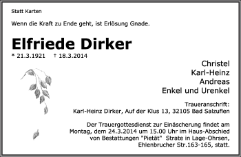 Anzeige  Elfriede Dirker  Lippische Landes-Zeitung