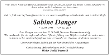 Anzeige  Sabine Danger  Lippische Landes-Zeitung