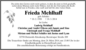 Anzeige  Frieda Mehlhaff  Lippische Landes-Zeitung