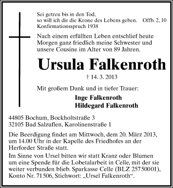 Anzeige  Ursula Falkenroth  Lippische Landes-Zeitung