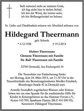 Anzeige  Hildegard Theermann  Lippische Landes-Zeitung