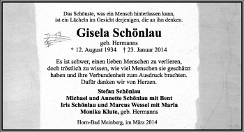 Anzeige  Gisela Schönlau  Lippische Landes-Zeitung