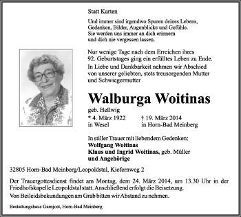 Anzeige  Walburga Woitinas  Lippische Landes-Zeitung