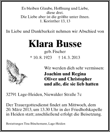 Anzeige  Klara Busse  Lippische Landes-Zeitung