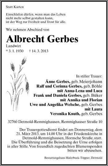 Anzeige  Albrecht Gerbes  Lippische Landes-Zeitung