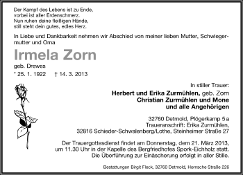 Anzeige  Irmela Zorn  Lippische Landes-Zeitung
