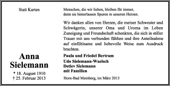 Anzeige  Anna Sielemann  Lippische Landes-Zeitung