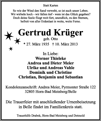 Anzeige  Gertrud Krüger  Lippische Landes-Zeitung