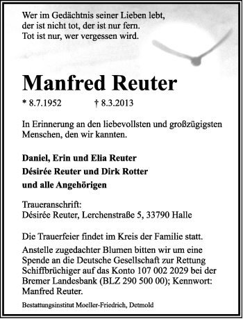 Anzeige  Manfred Reuter  Lippische Landes-Zeitung