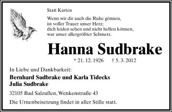 Anzeige  Hanna Sudbrake  Lippische Landes-Zeitung