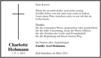 Anzeige  Charlotte Hohmann  Lippische Landes-Zeitung