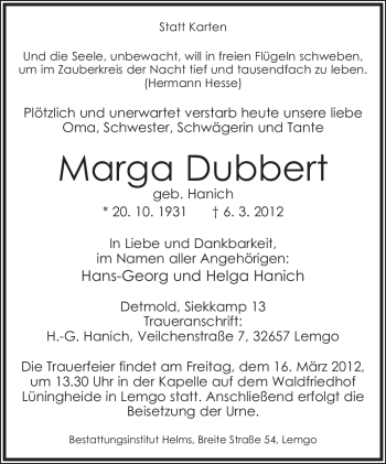 Anzeige  Marga Dubbert  Lippische Landes-Zeitung