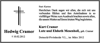 Anzeige  Hedwig Cramer  Lippische Landes-Zeitung