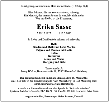Anzeige  Erika Sasse  Lippische Landes-Zeitung
