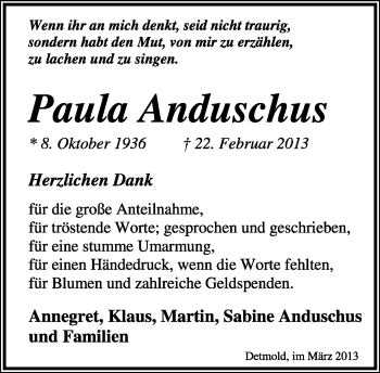 Anzeige  Paula Anduschus  Lippische Landes-Zeitung