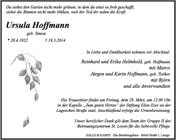 Anzeige  Ursula Hoffmann  Lippische Landes-Zeitung